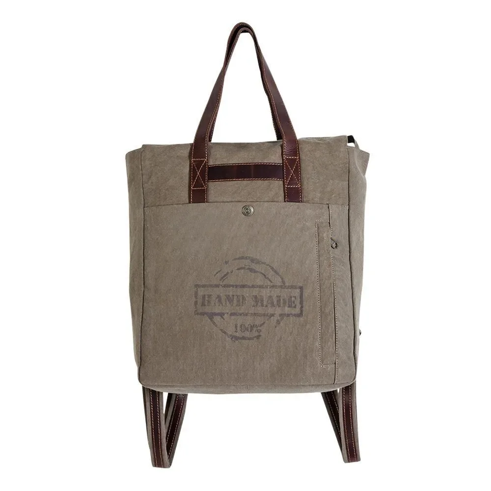 Myra Bag Handmade Yesteryear Backpack Upcycled Canvas & Cowhide Leather